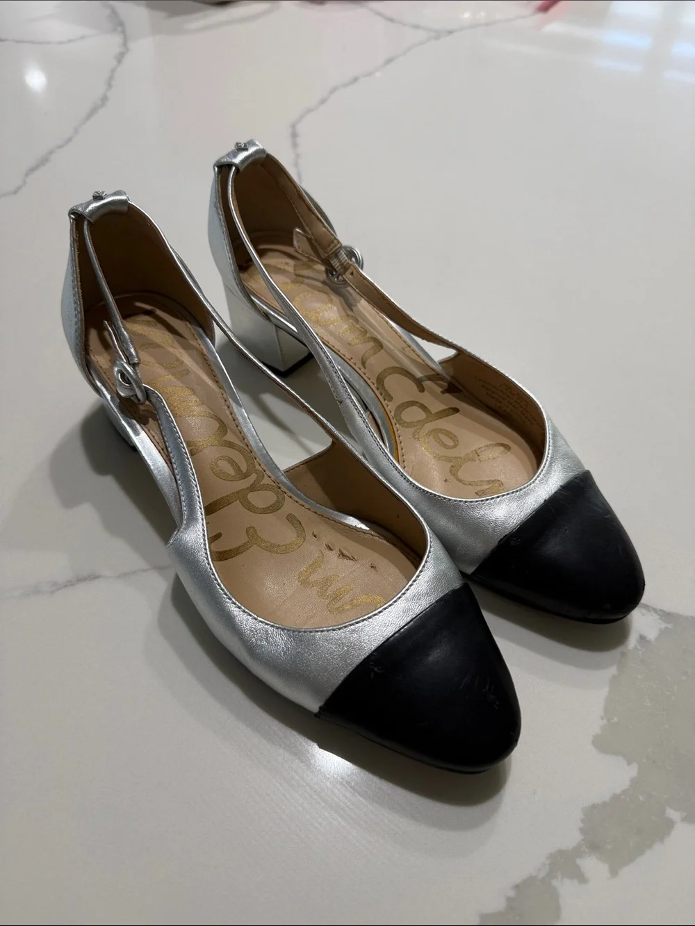 Sam Edelman Silver and Black Slingback Block Heel Pumps